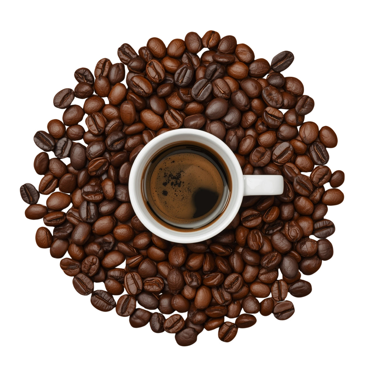 White cup of coffee surrounded by coffee beans on a white background
