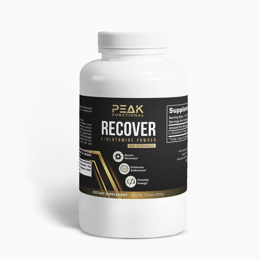 L-Glutamine Supplement bottle labeled 'Peak Functional Recover' on a white background